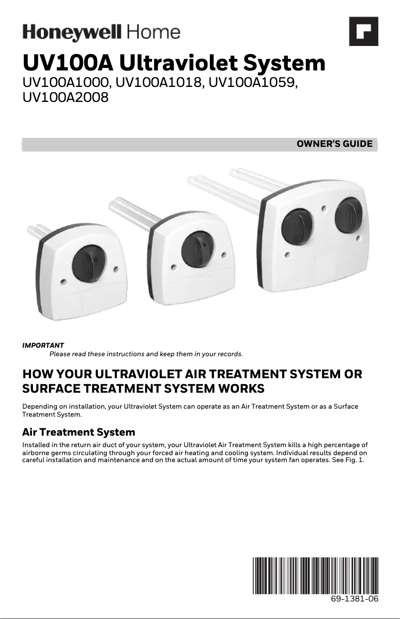 Page 1 de la notice Manuel utilisateur Honeywell UV100E2009
