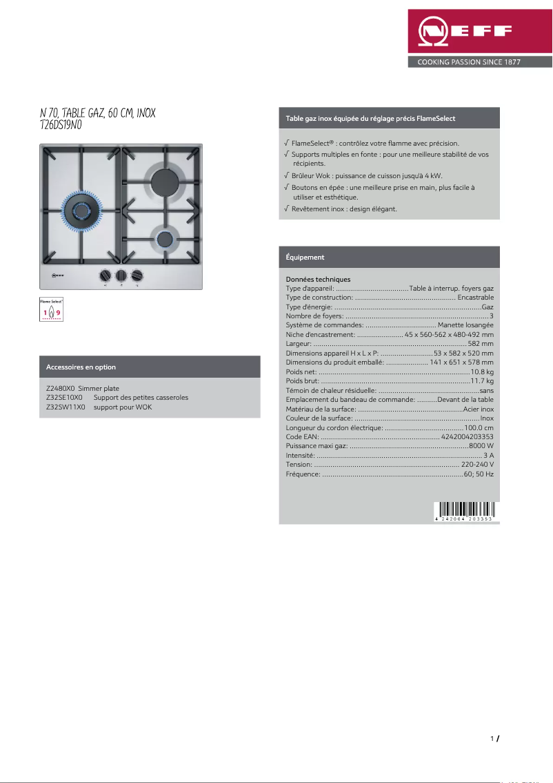 Page 1 de la notice Fiche technique Neff T26DS19N0
