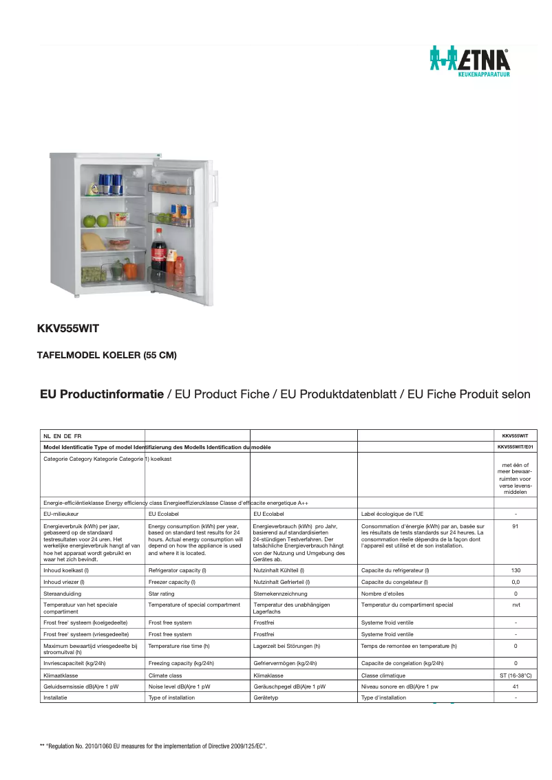 Page 1 de la notice Fiche technique Etna KKV555WIT