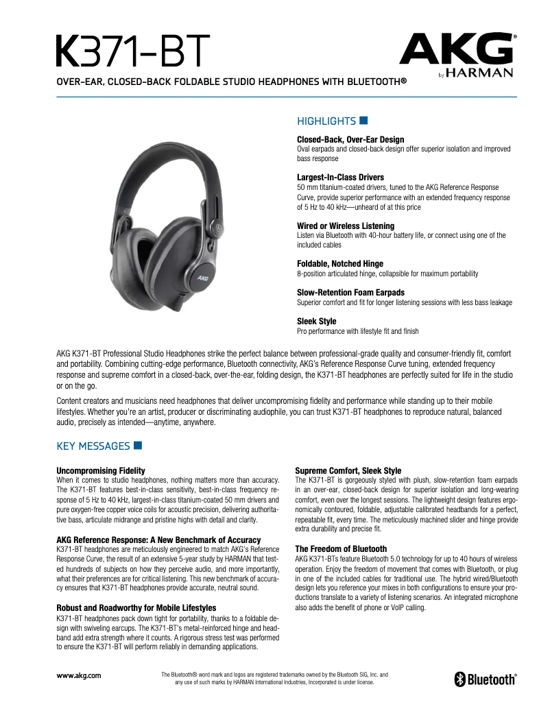 Page 1 de la notice Fiche technique AKG K371-BT