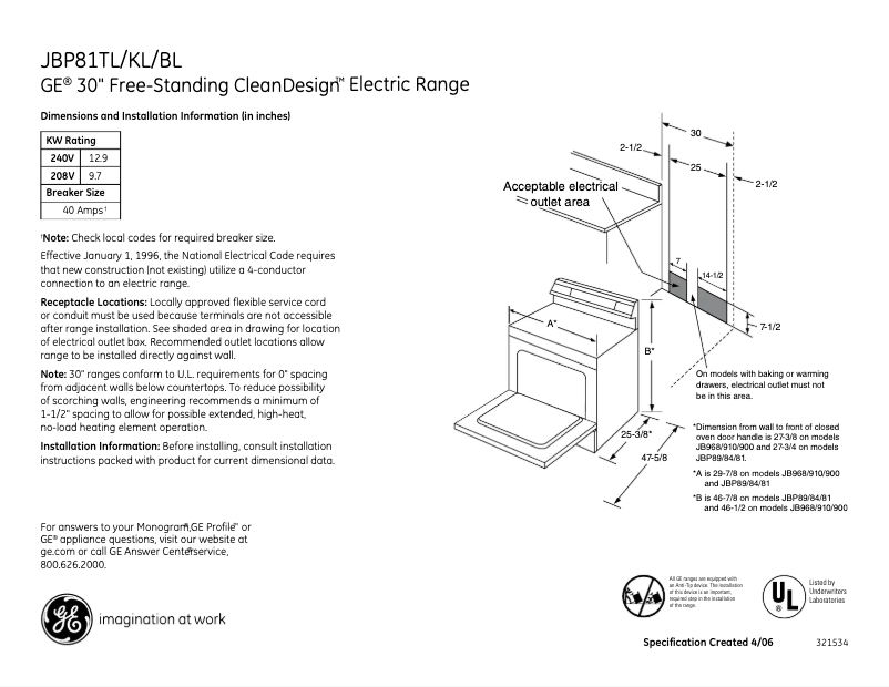 Page n°1 - Fiche technique GE JBP81KLCC