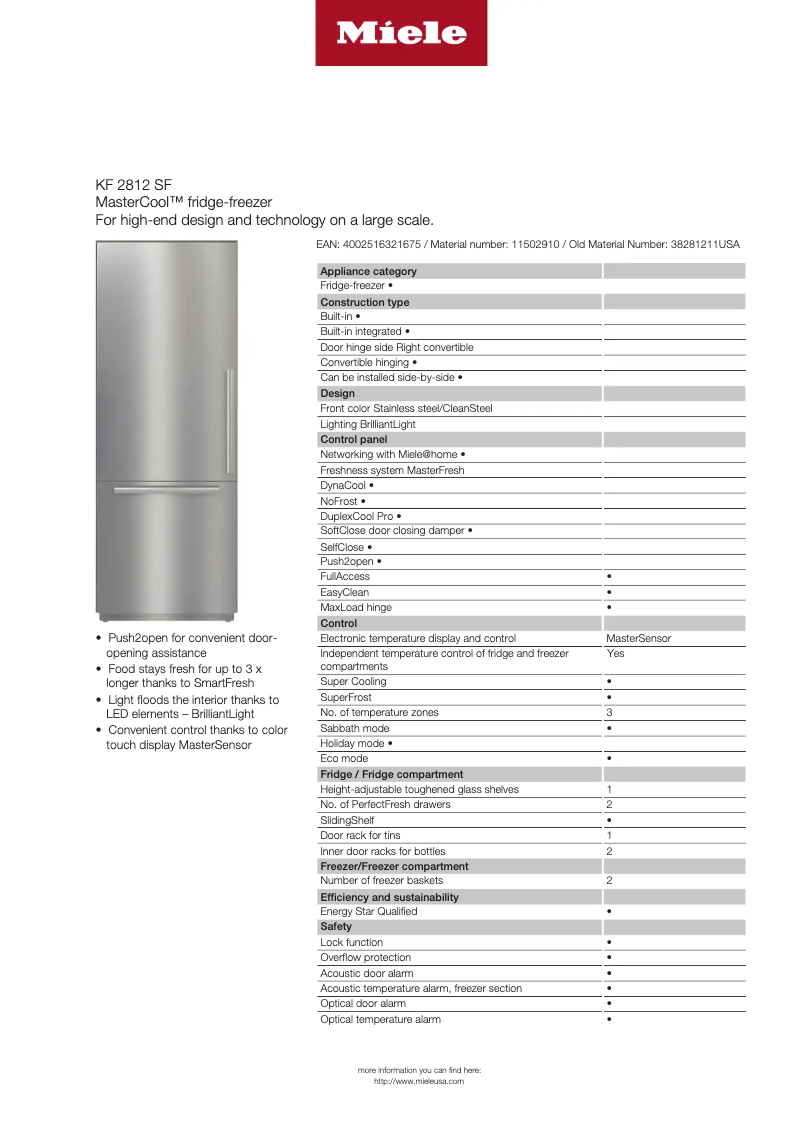 Page 1 de la notice Fiche technique Miele KF 2812 SF