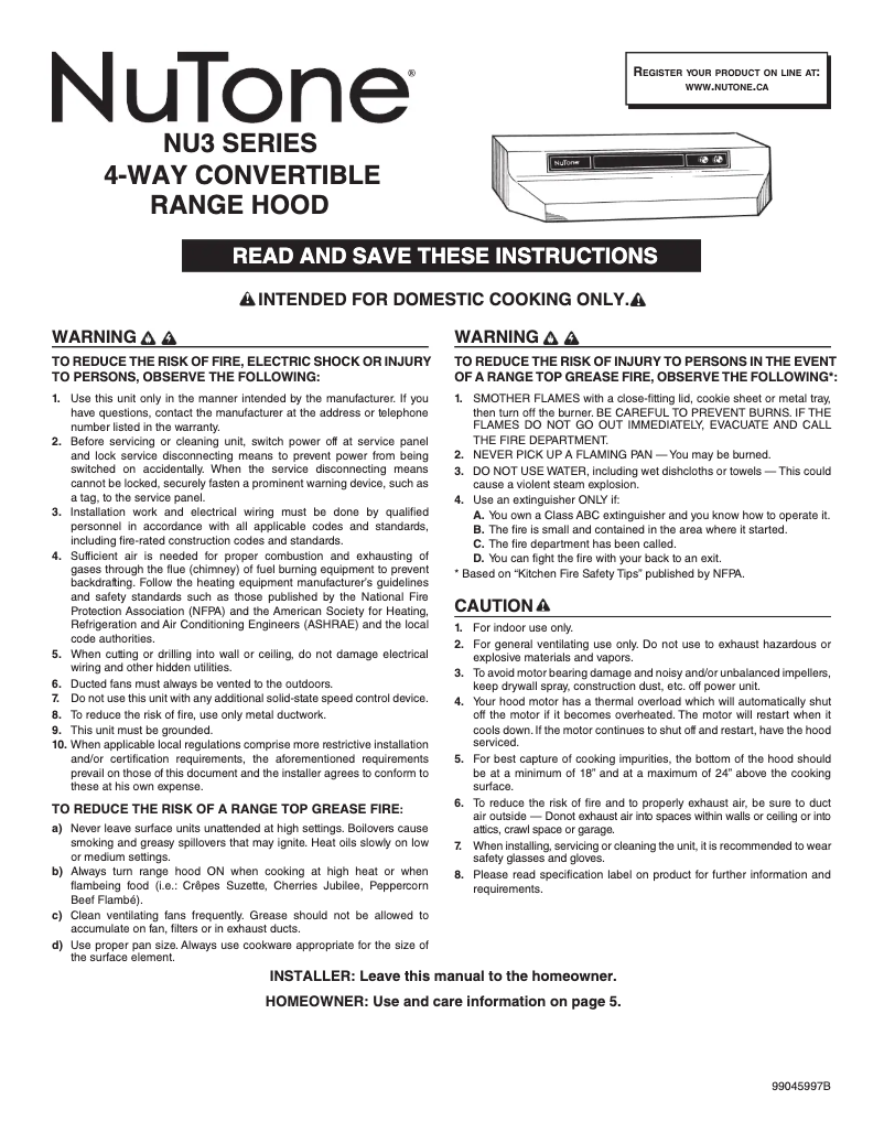 Page 1 de la notice Guide d'installation NuTone NU330SS