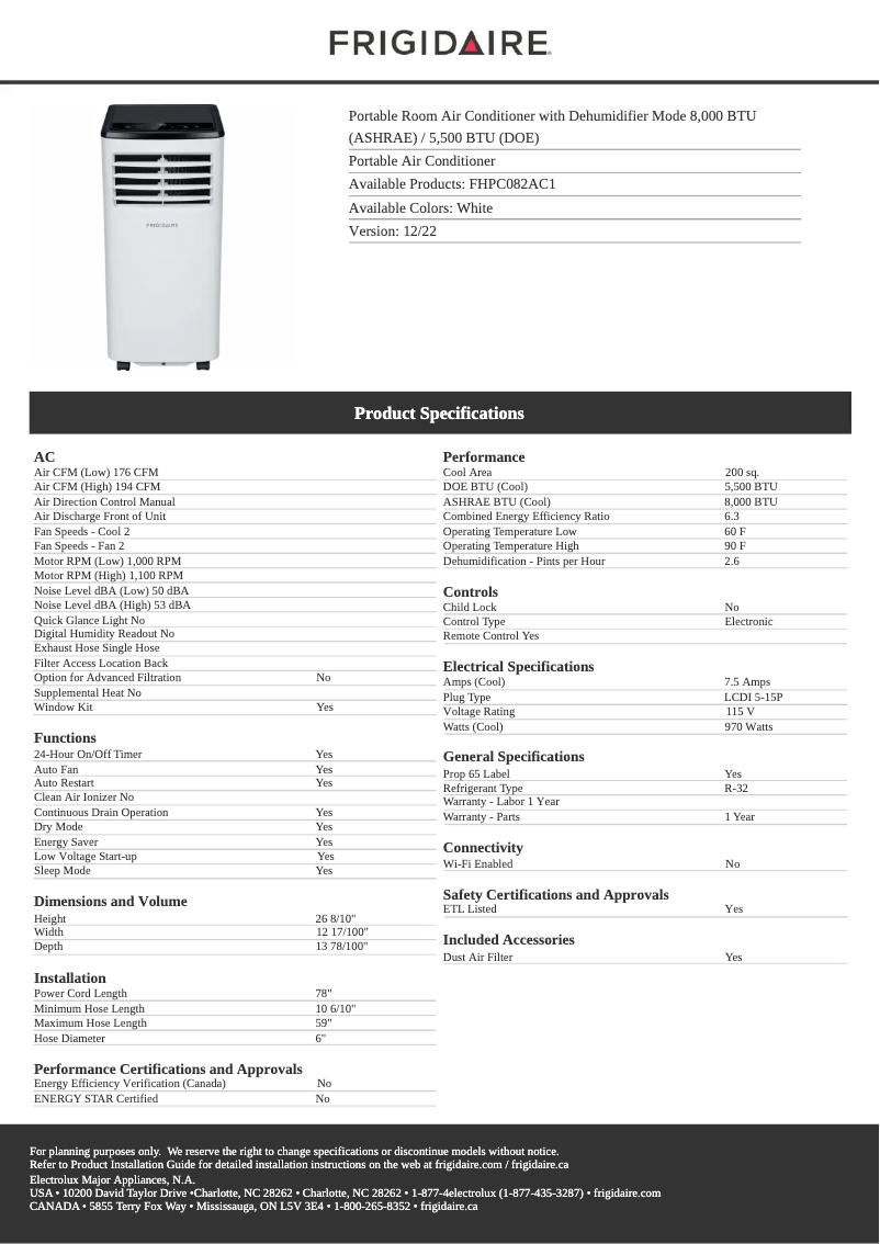 Page 1 de la notice Fiche technique Frigidaire FHPC082AC1