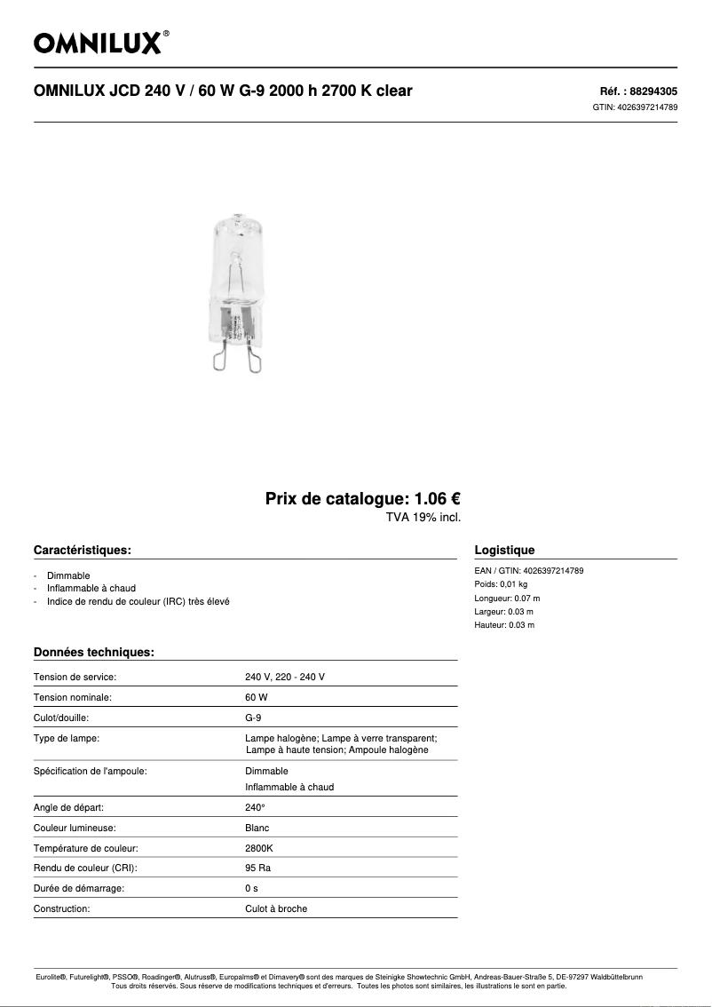 Page 1 de la notice Fiche technique Omnilux JCD 240 V