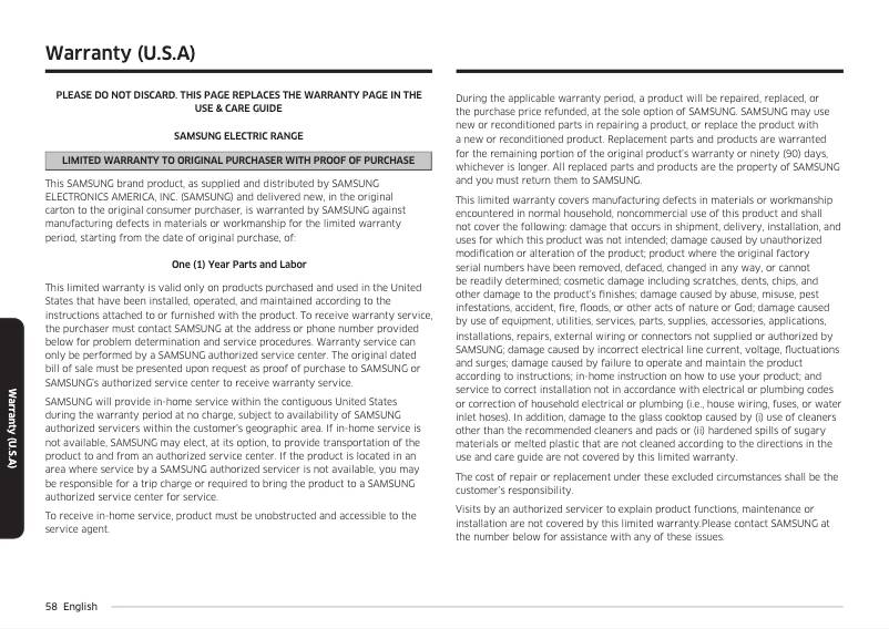 Page 1 de la notice Informations de garantie Samsung NE63BG8315SS