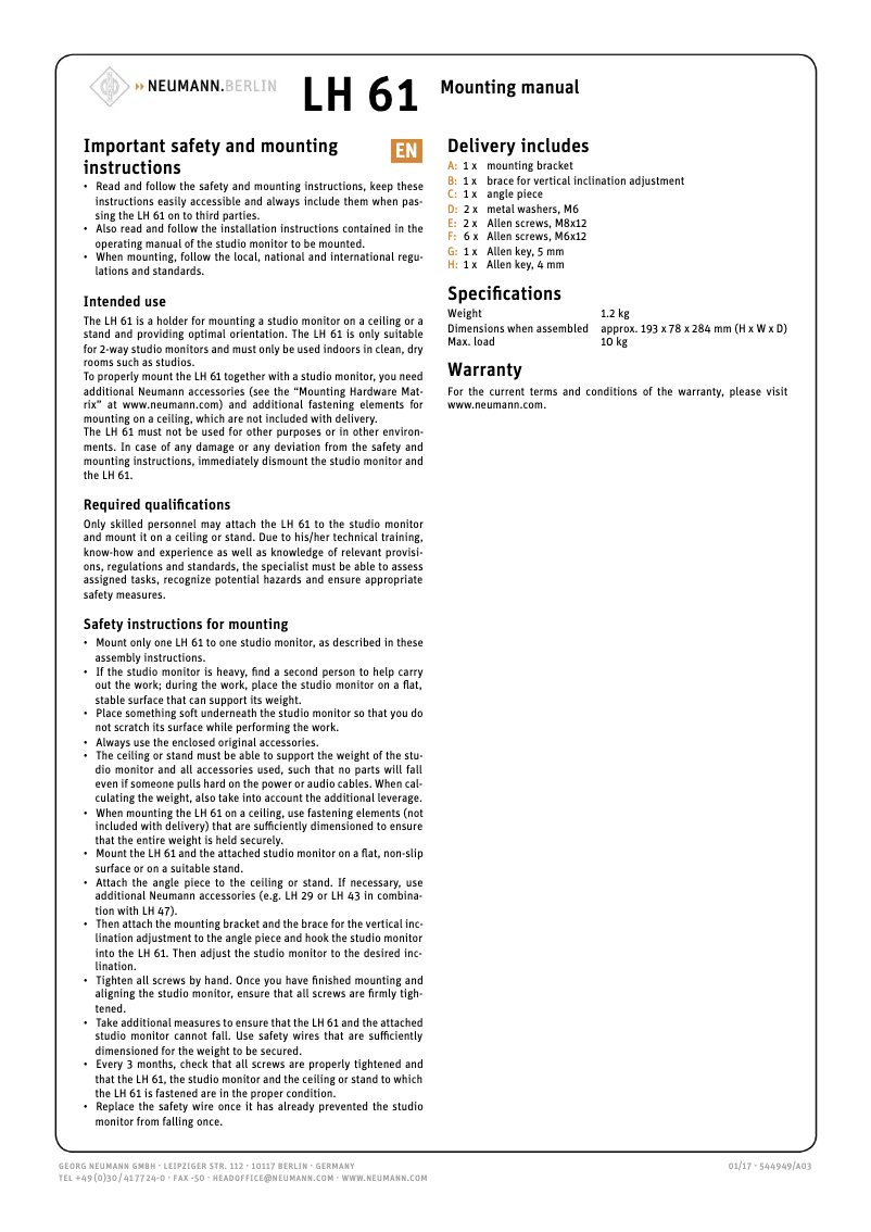 Page 1 de la notice Manuel utilisateur Neumann LH 61