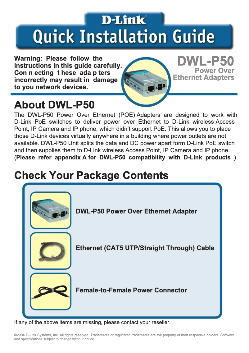 Page 1 de la notice Guide d'installation D-Link DWL-P50