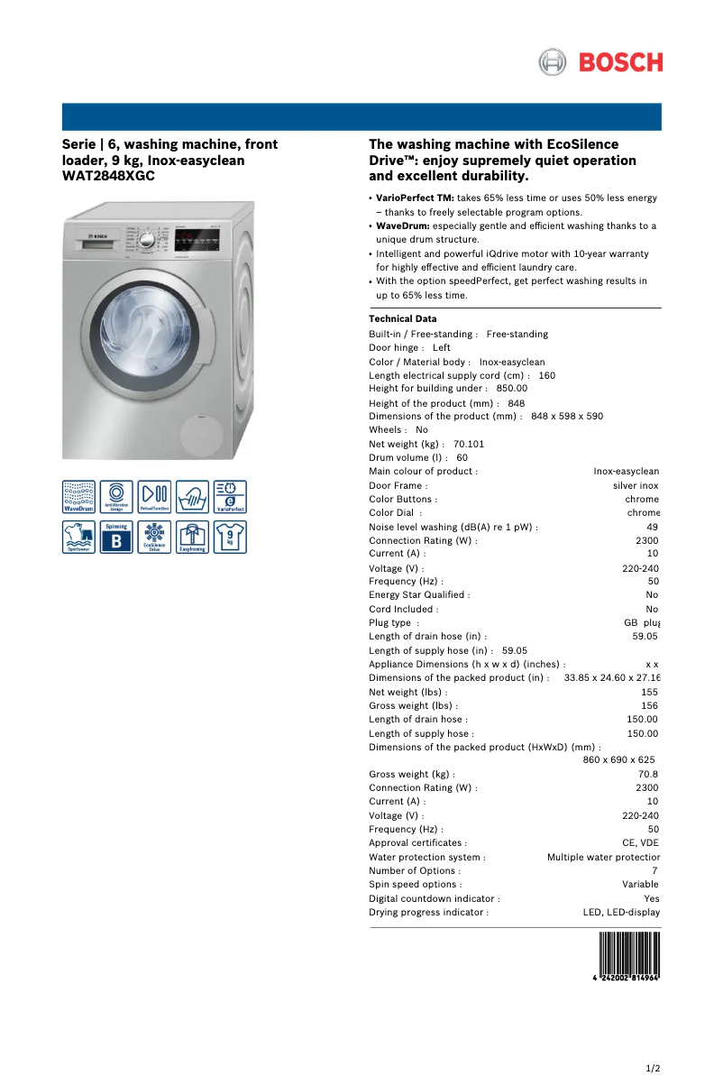 Page 1 de la notice Fiche technique Bosch WAT2848XGC