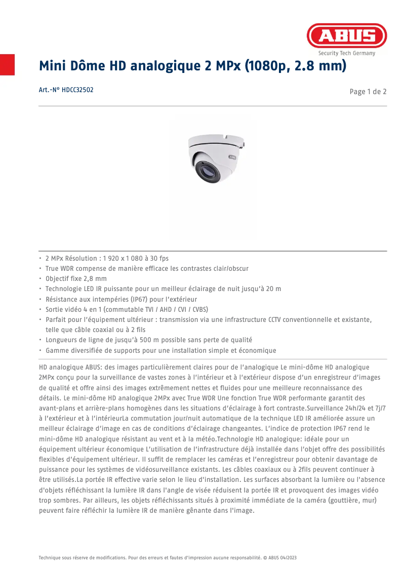 Page 1 de la notice Fiche technique Abus HDCC32502