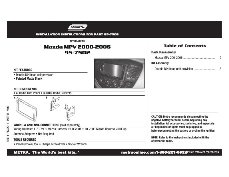 Page n°1 - Manuel utilisateur Metra 95-7502