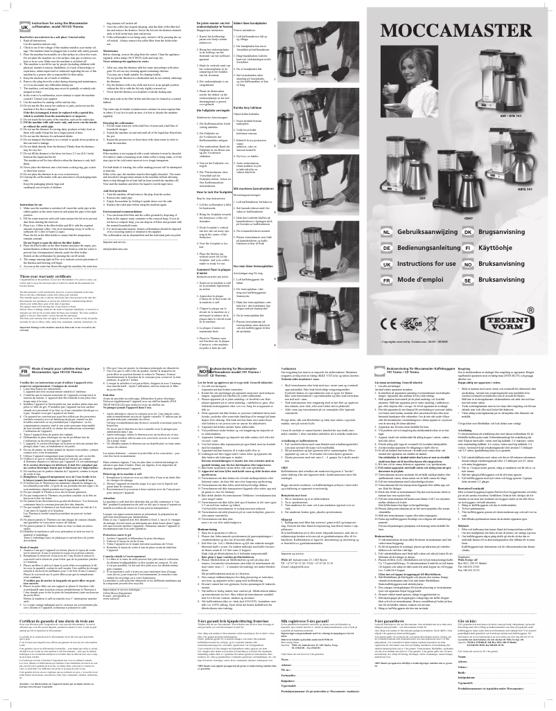 Page 1 de la notice Manuel utilisateur Moccamaster KBT 741