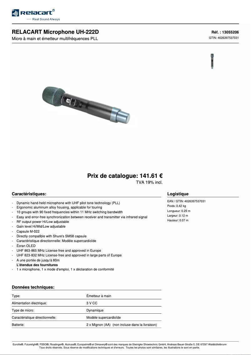 Page 1 de la notice Fiche technique Relacart UH-222D
