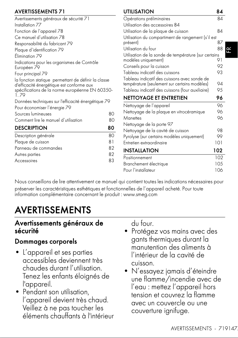 Page 1 de la notice Fiche technique Smeg C92IPX2