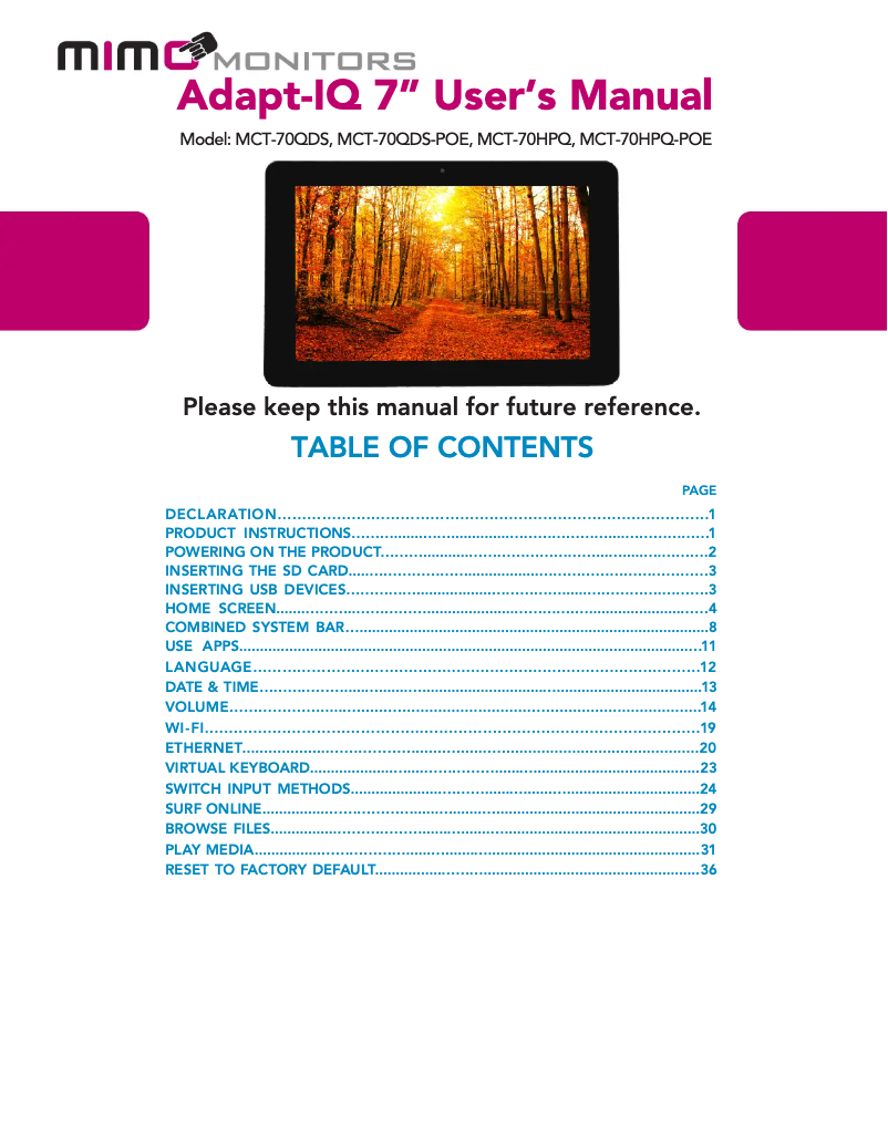 Page n°1 - Manuel utilisateur Mimo Monitors Adapt-IQ MCT-70HPQ-POE