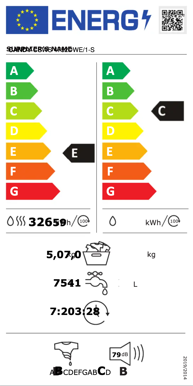 Page 1 de la notice Label énergétique Candy CSWS 4752DWE/1-S