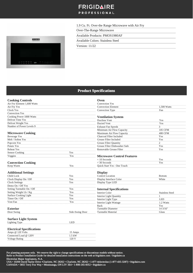 Page n°1 - Fiche technique Frigidaire PMOS1980AF