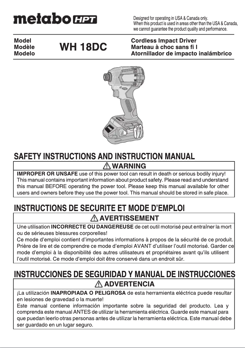 Page 1 de la notice Manuel utilisateur Metabo WH18DC