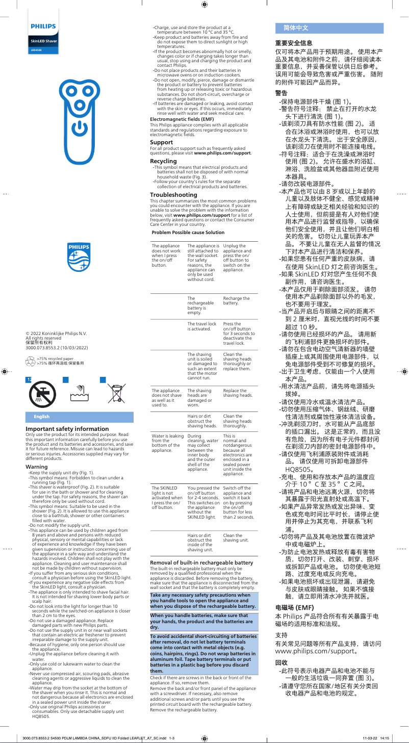 Page 1 de la notice Manuel utilisateur Philips SkinLED  LED4500