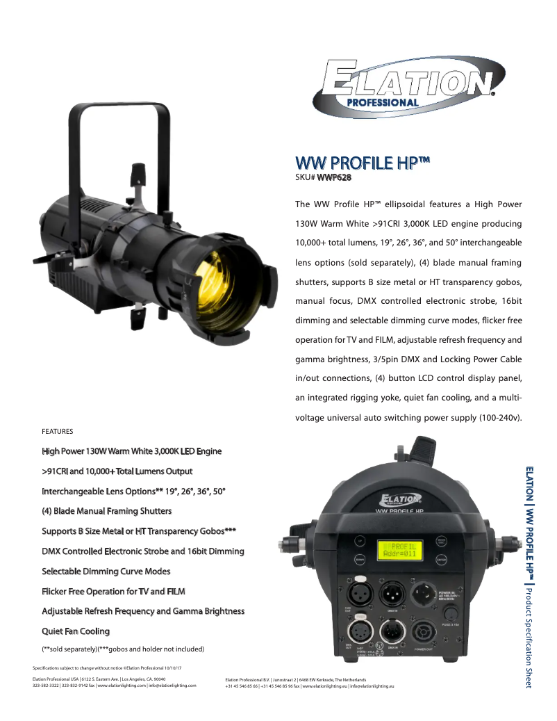 Page 1 de la notice Fiche technique Elation WW Profile HP