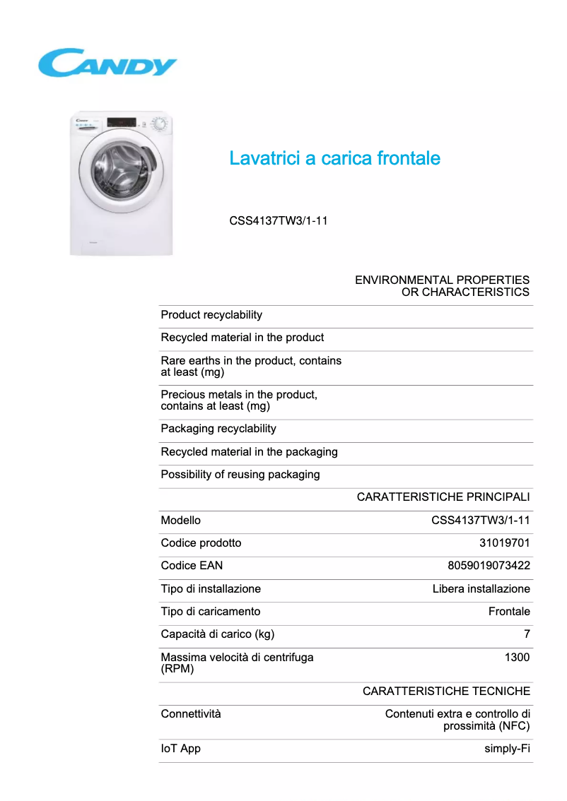 Page 1 de la notice Fiche technique Candy CSS4137TW3/1-11