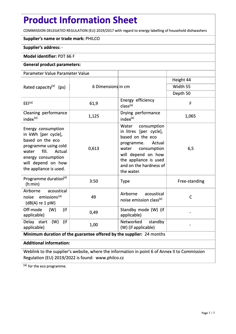 Page 1 de la notice Fiche technique Philco PDT 66 F