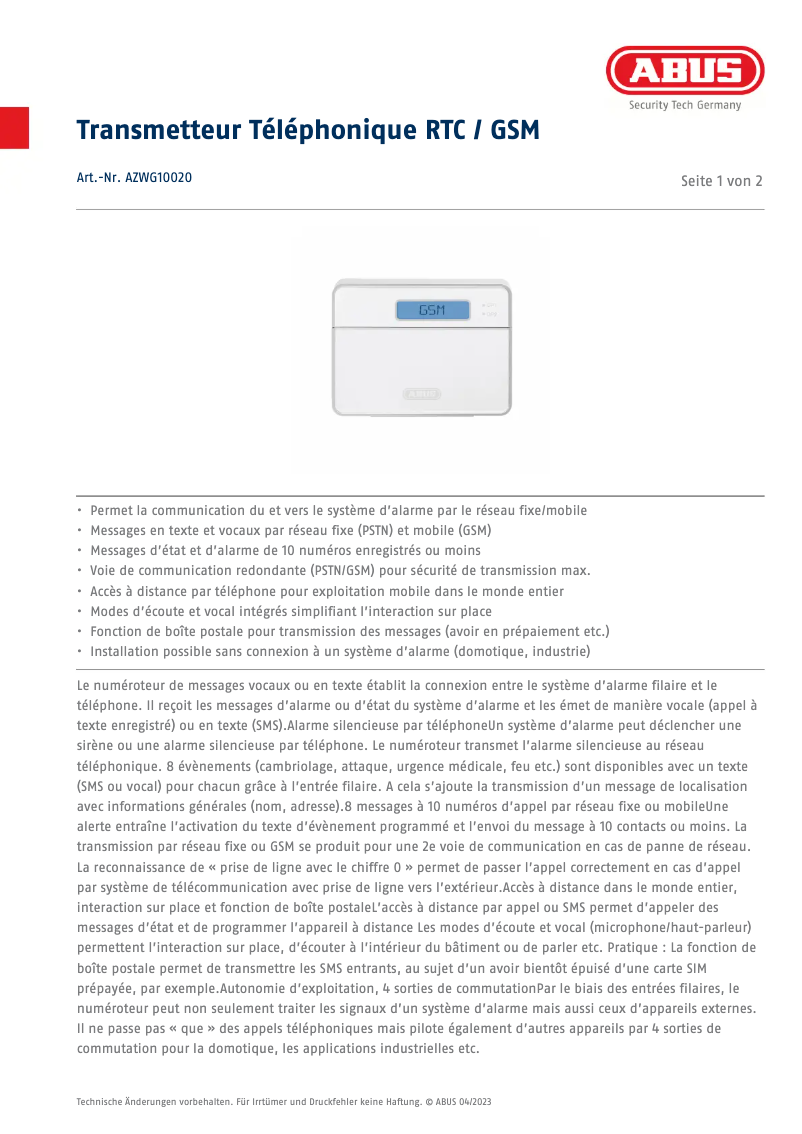 Page n°1 - Fiche technique Abus AZWG10020