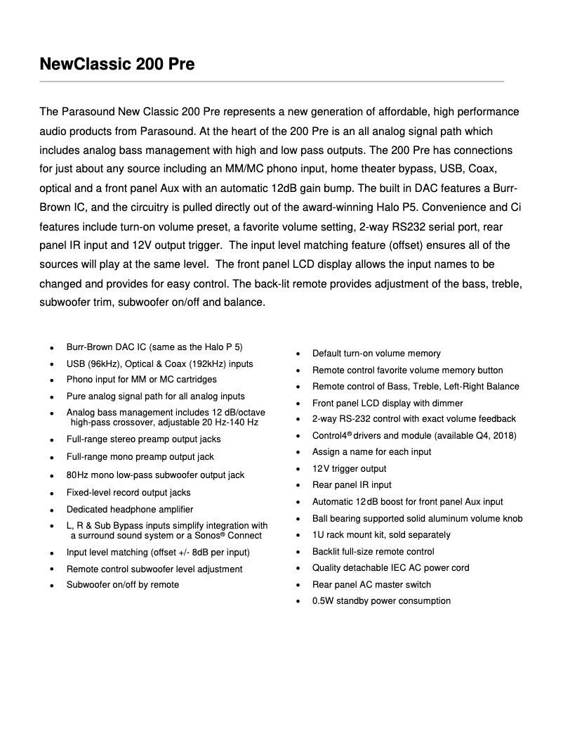 Page 1 de la notice Fiche technique Parasound NewClassic 200 Pre