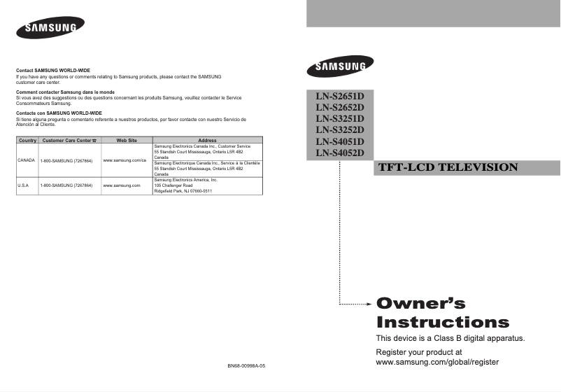 Page n°1 - Manuel utilisateur Samsung LN-S2651D