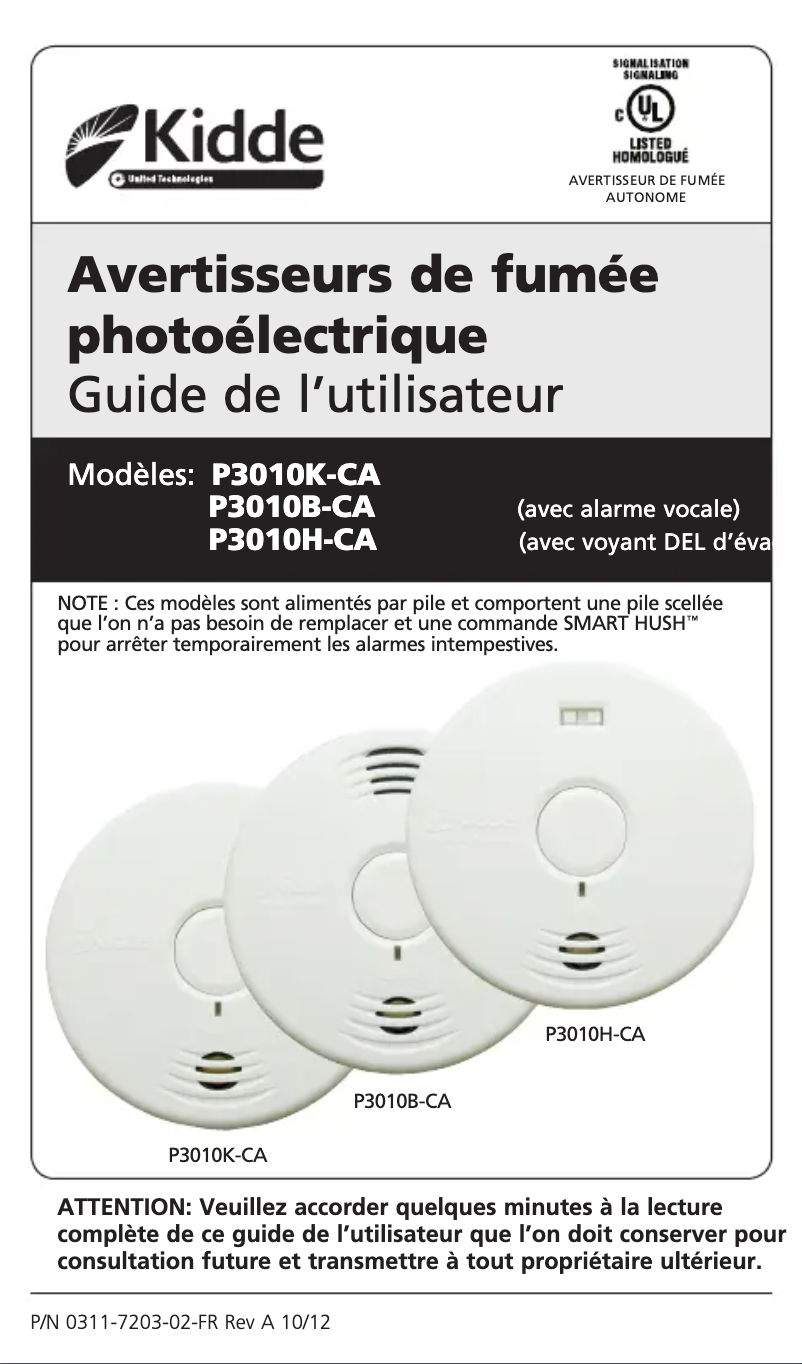 Page 1 de la notice Manuel utilisateur Kidde P3010K-CA