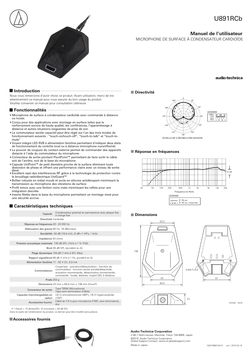 Page n°1 - Fiche technique Audio-Technica U891RCb