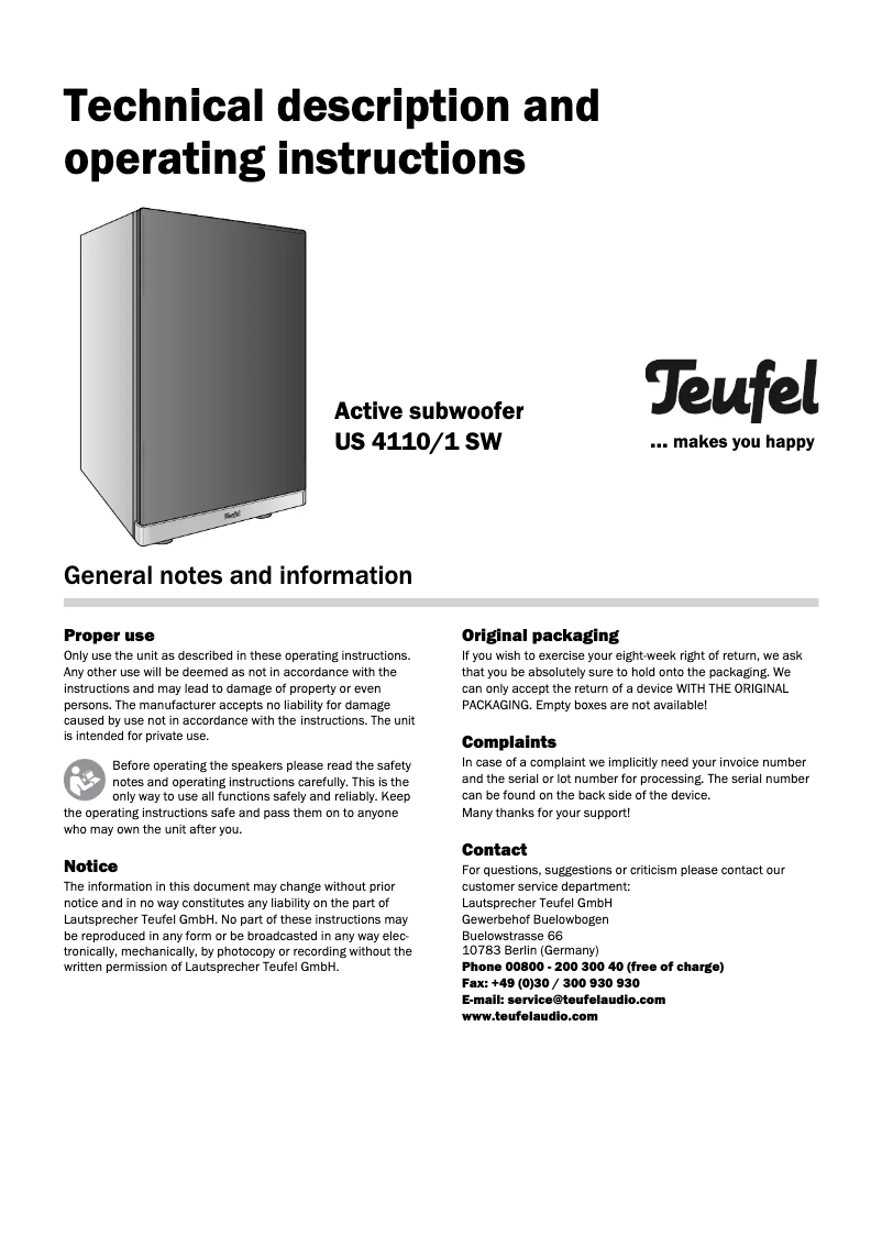 Page n°1 - Manuel utilisateur Teufel US 4110