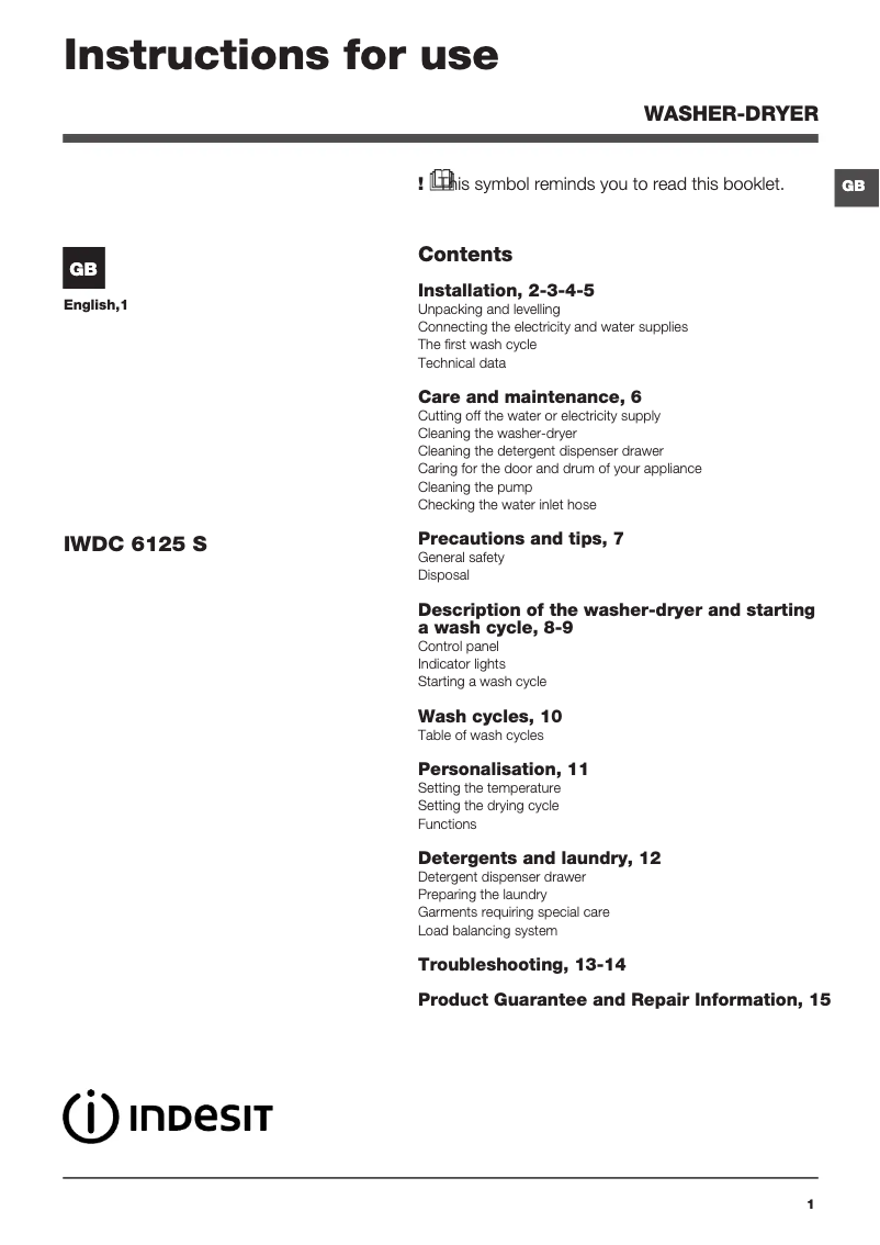 Page 1 de la notice Instructions / montage Indesit IWDC 6125 S (UK)