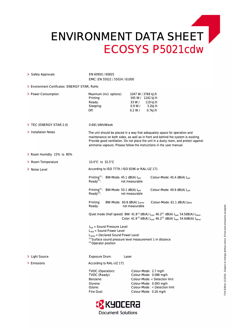 Page 1 de la notice Fiche technique Kyocera Ecosys P5021cdw