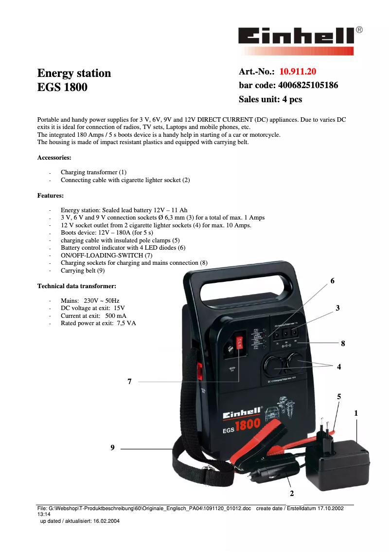 Page n°1 - Fiche technique Einhell EGS 1800