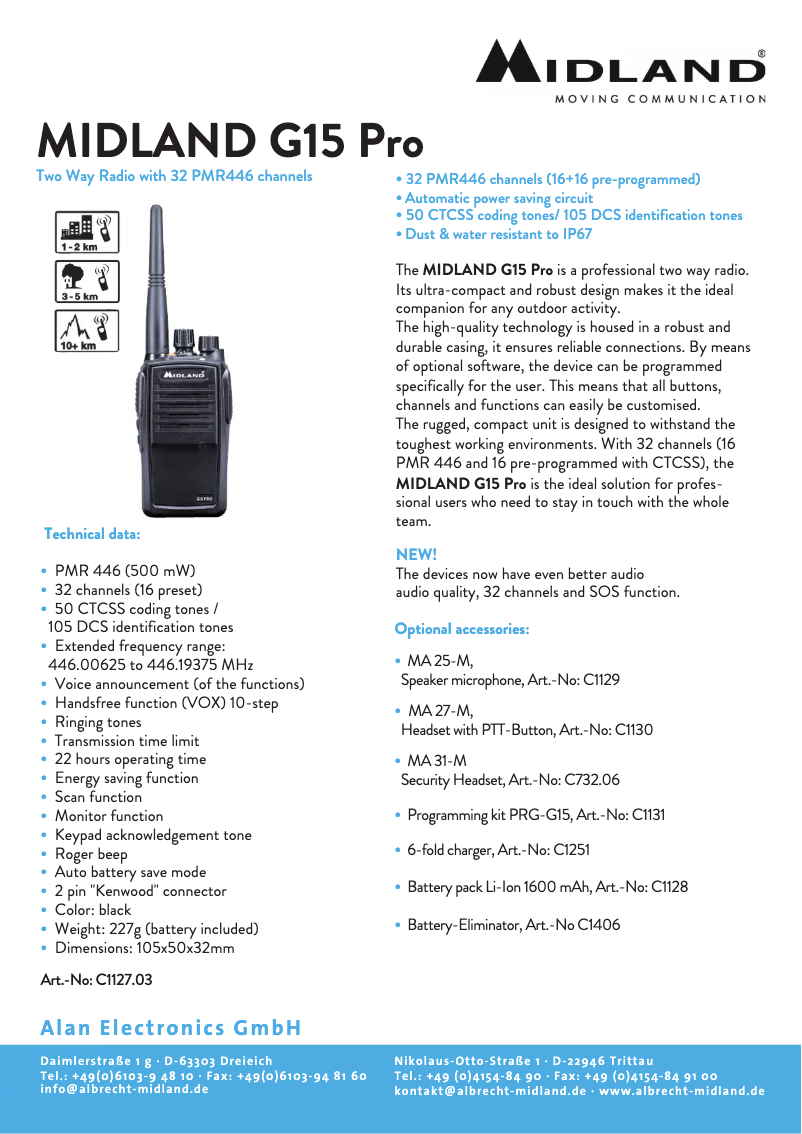 Page 1 de la notice Fiche technique Midland G15 Pro