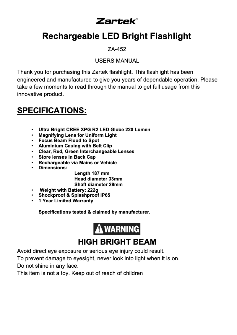 Page n°1 - Manuel utilisateur Zartek ZA-452