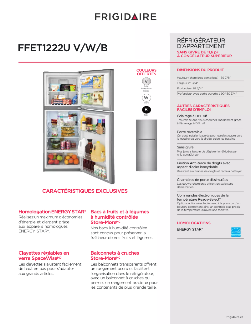 Page n°1 - Fiche technique Frigidaire FFET1222UV