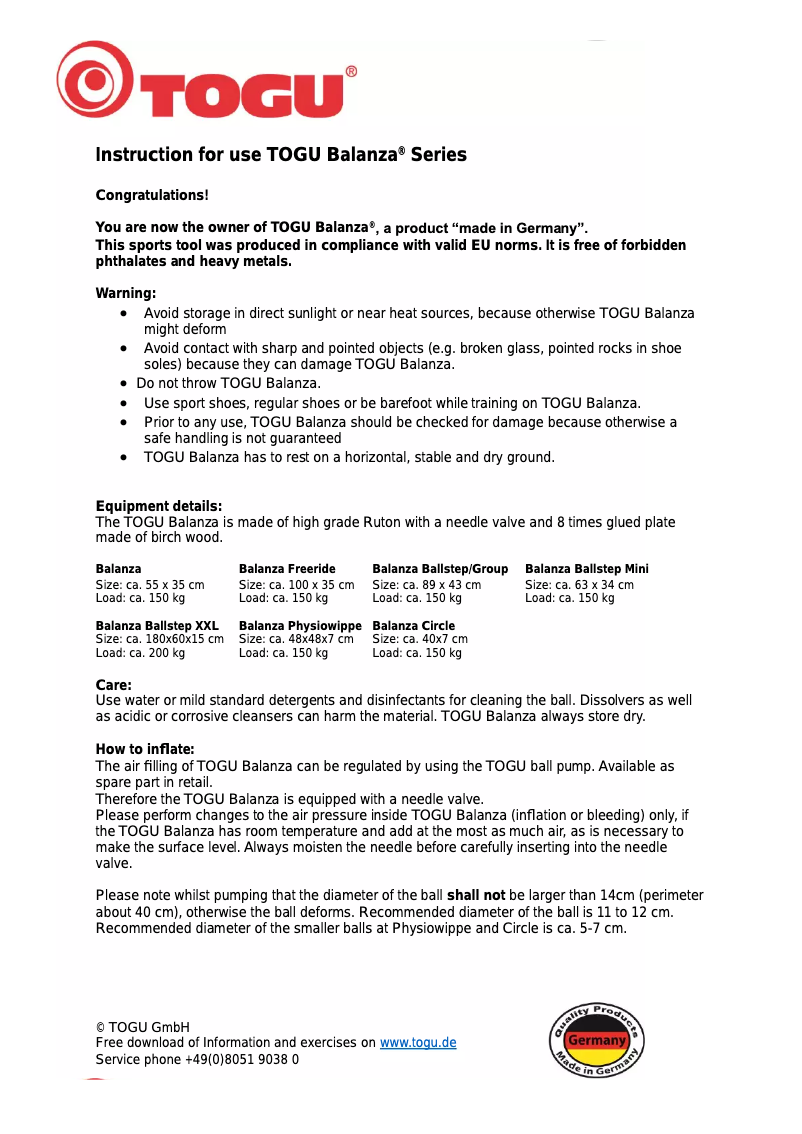 Page 1 de la notice Manuel utilisateur TOGU Balanza Ballstep mini