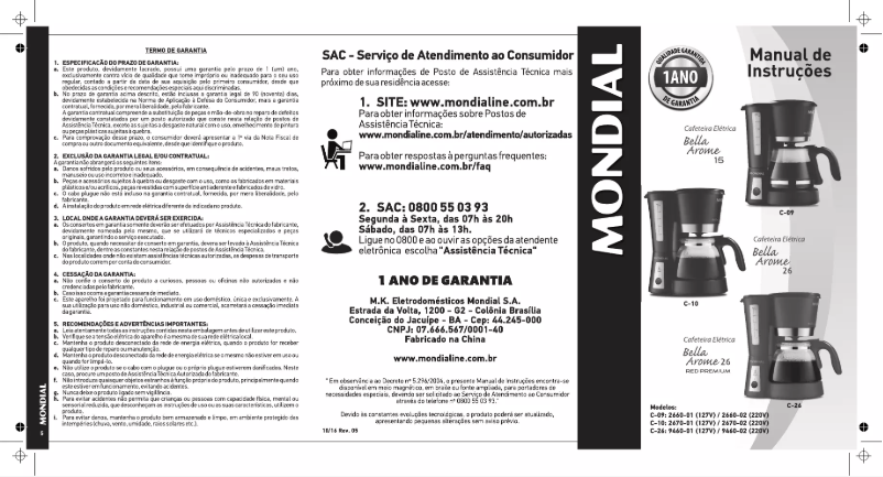 Page 1 de la notice Manuel utilisateur Mondial Arome C-26 Bella