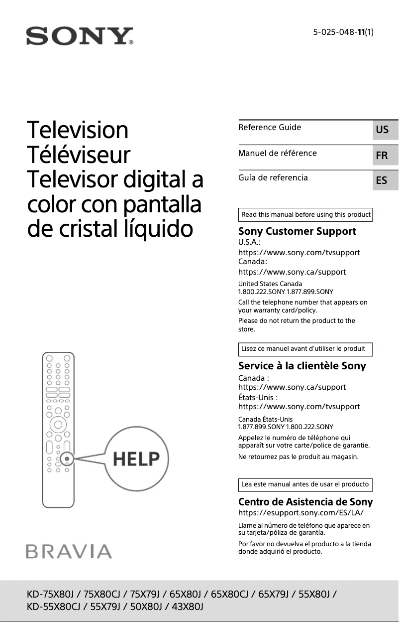 Page 1 de la notice Manuel utilisateur Sony KD-75X80CJ