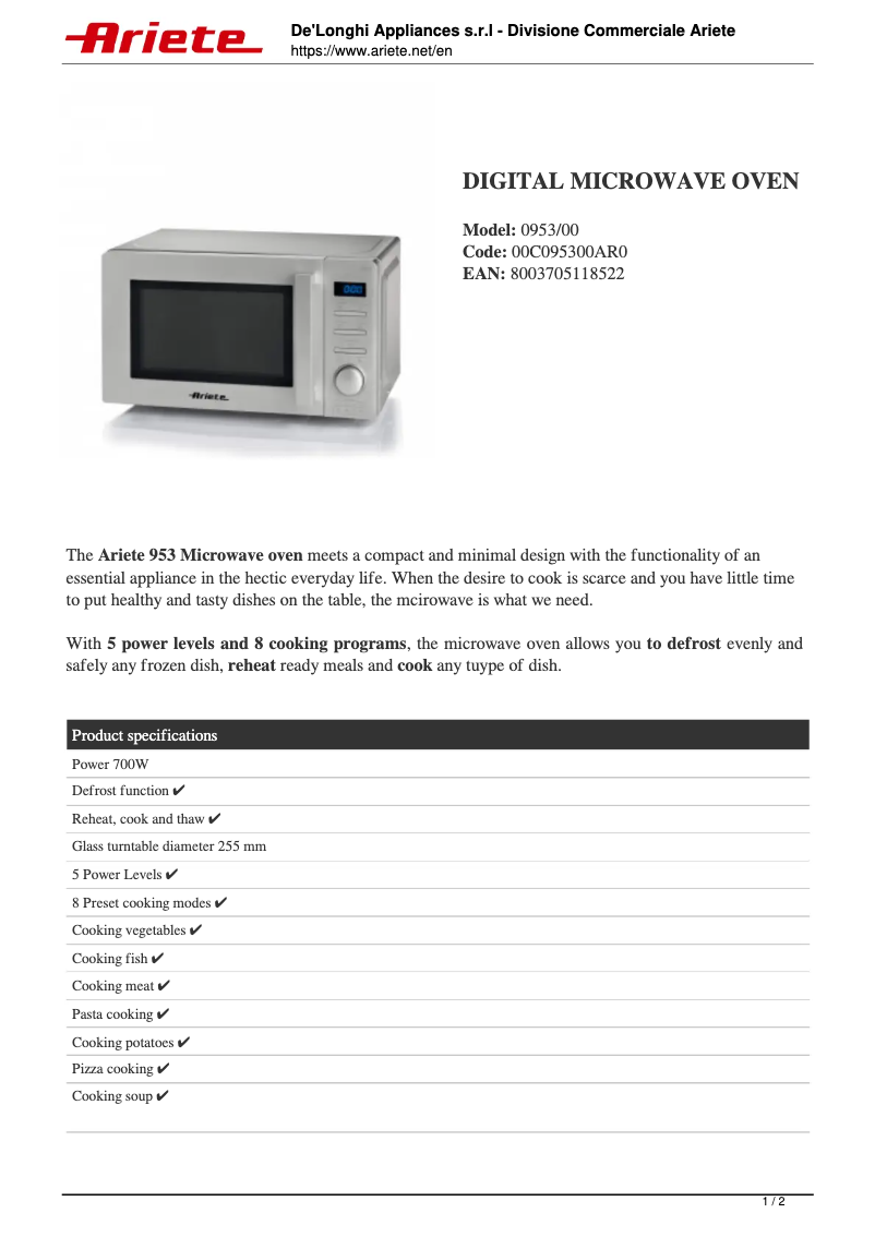 Page 1 de la notice Fiche technique Ariete 0953