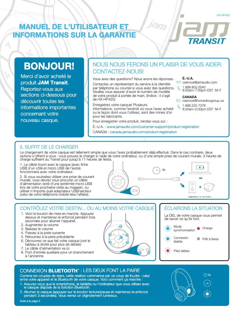 Page 1 de la notice Manuel utilisateur Jam Transit HX-HP420