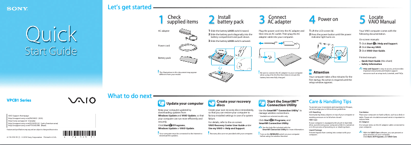 Page 1 de la notice Guide d'installation Sony Vaio VPCB1190X