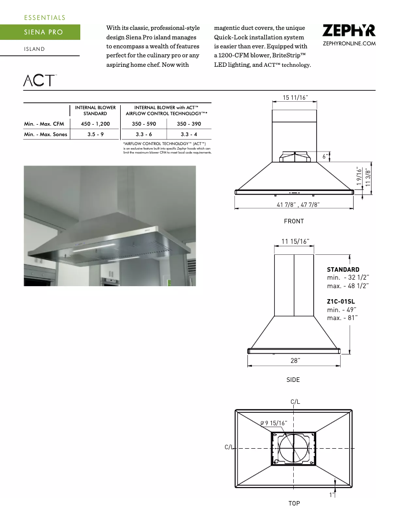 Page 1 de la notice Fiche technique Zephyr ZSLE48BS