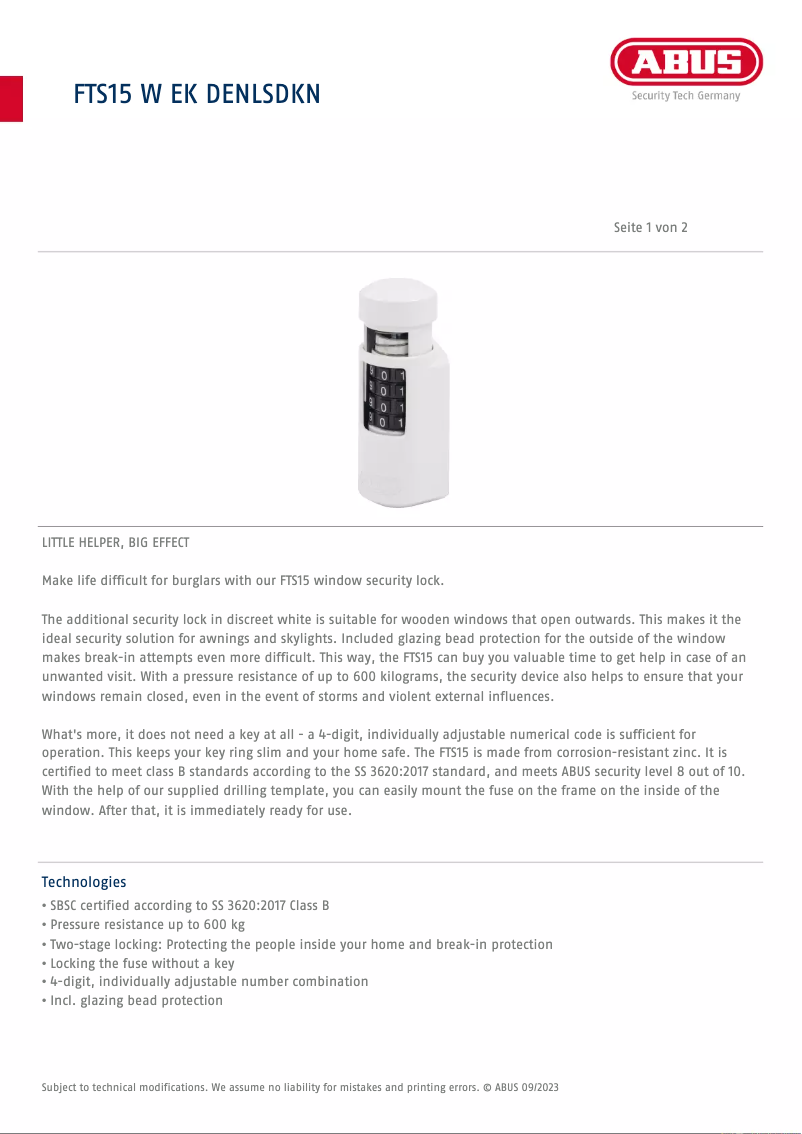 Page 1 of the manual Technical Sheet Abus FTS15