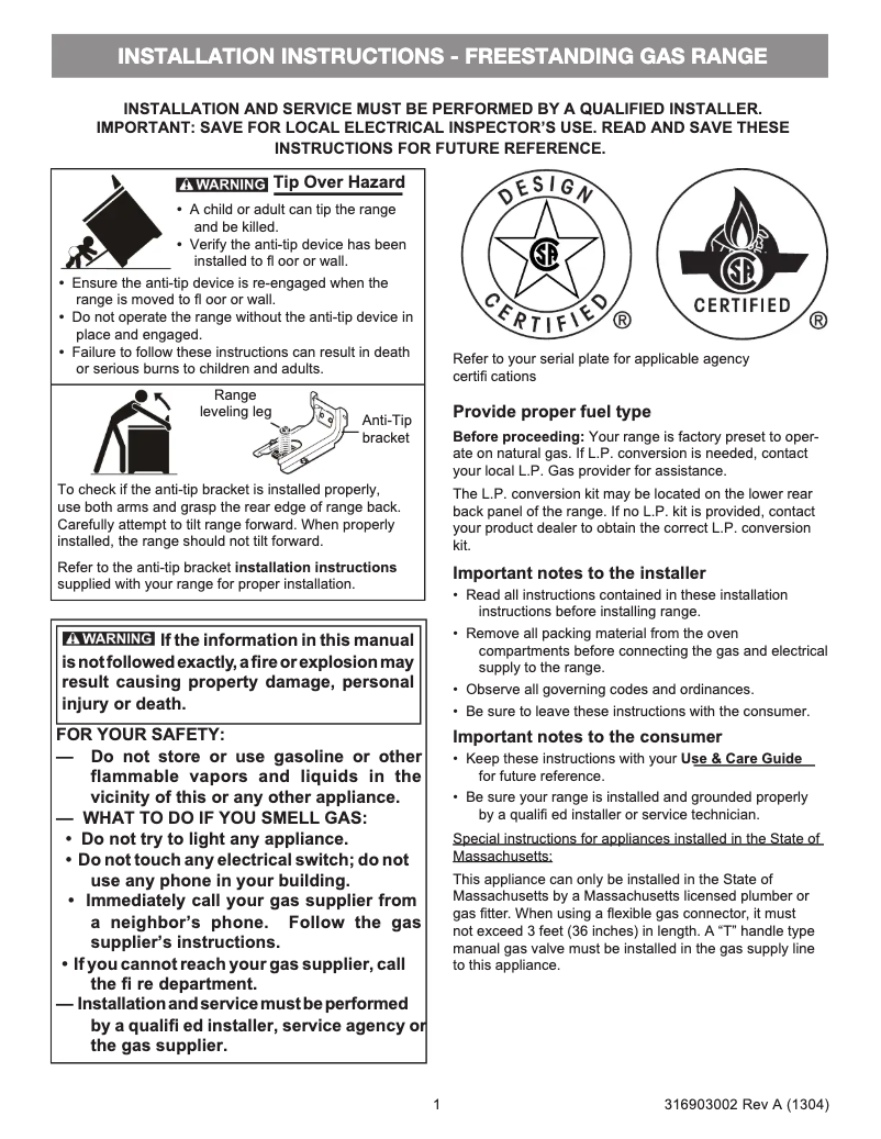 Page n°1 - Guide d'installation Frigidaire DGGF3046RF