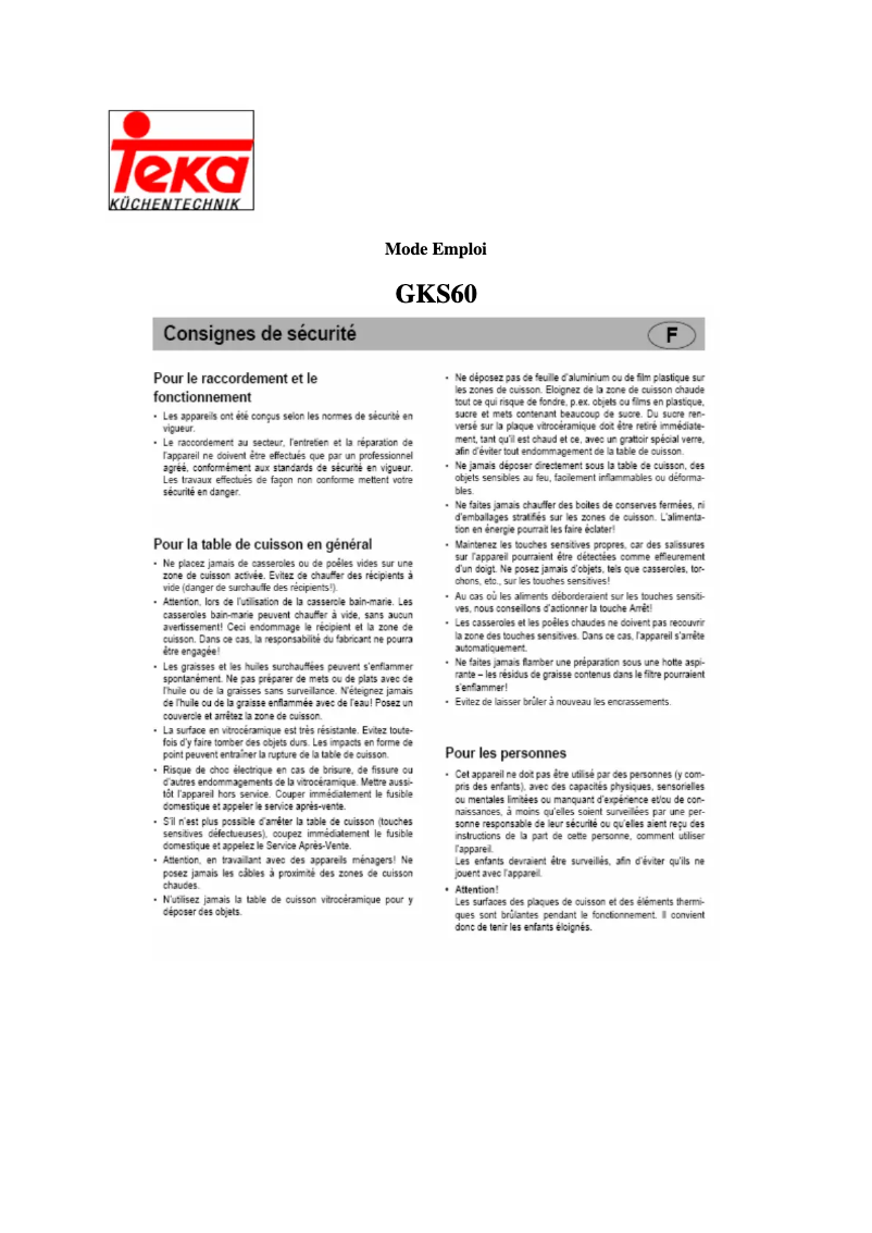 Page 1 of the manual User Manual Teka GKS 60