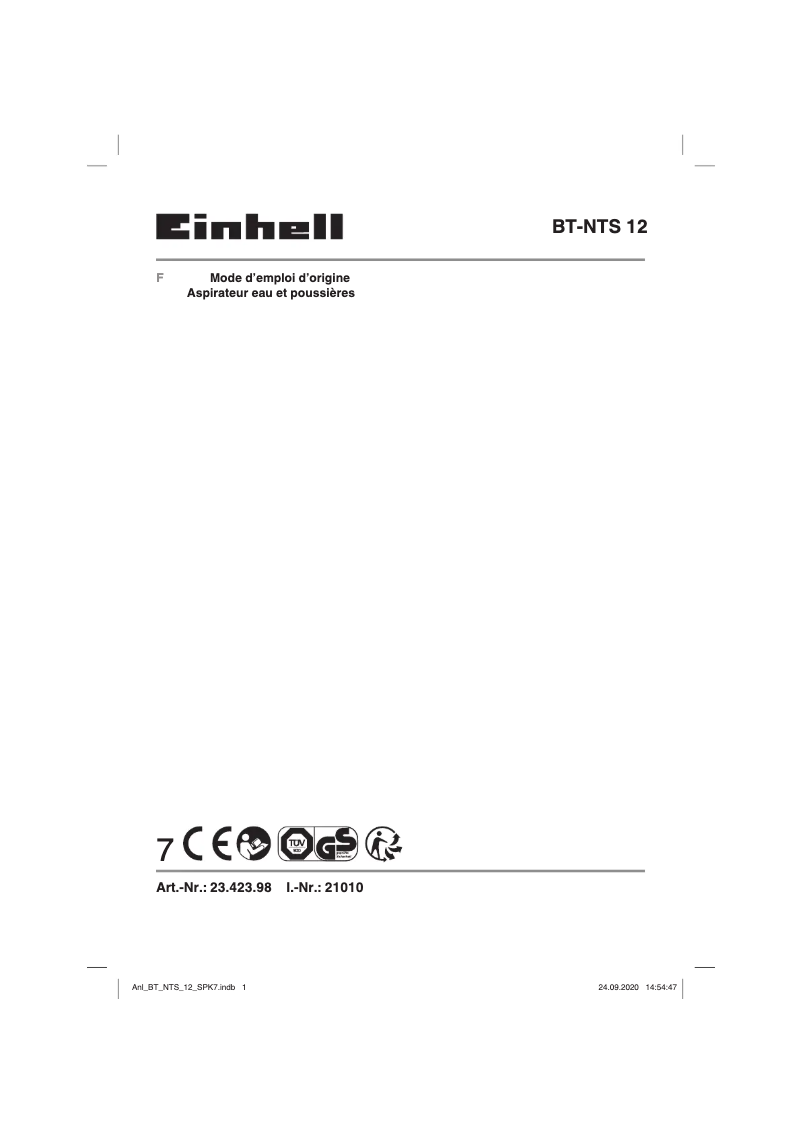 Page 1 de la notice Manuel utilisateur Einhell BT-NTS 12