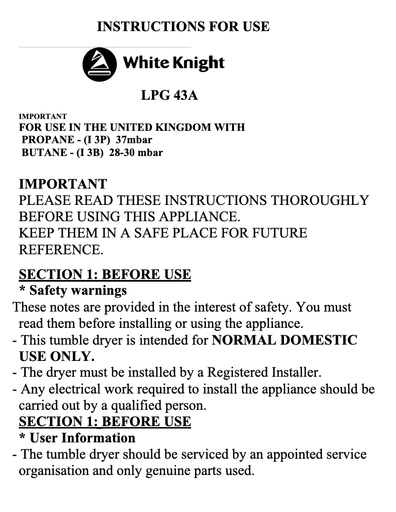 Page 1 de la notice Manuel utilisateur White Knight LPG43A